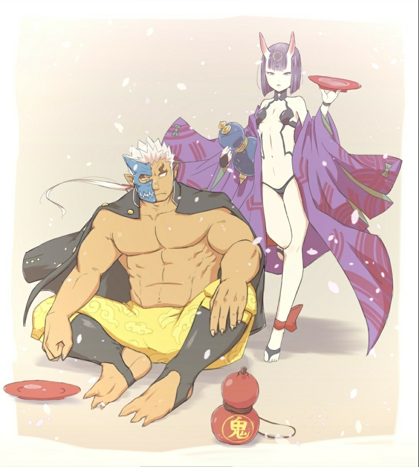 1boy, 1girl, abs, bare_shoulders, barefoot_sandals_(jewelry), bob_cut, breasts, crossover, cup, dark-skinned_male, dark_skin, fang, fate/grand_order, fate_(series), feet, fingernails, full_body, gakuran, half_mask, highres, horned_mask, horns, japanese_clothes, kimono, large_pectorals, long_hair, mask, muscular, name_connection, navel, oni_mask, open_clothes, open_kimono, pectorals, ponytail, purple_eyes, purple_hair, purple_kimono, revealing_clothes, sakazuki, school_uniform, sharp_fingernails, short_hair, shuten_douji_(fate), shuten_douji_(housamo), simple_background, single_horn, skin-covered_horns, small_breasts, stirrup_legwear, toeless_legwear, tokyo_houkago_summoners, topless_male, white_hair, yanutorie