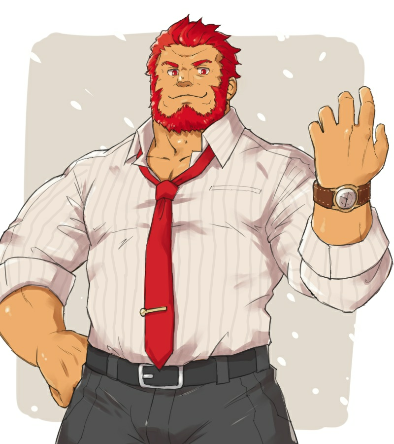 1boy, alternate_costume, bara, beard, belt, denim, facial_hair, fate/grand_order