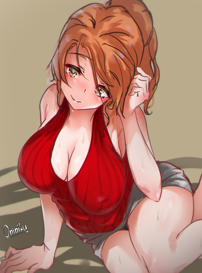 1girl, alternate_costume, aquila_(kancolle), artist_name, breasts, casual, cleavage, commentary_request