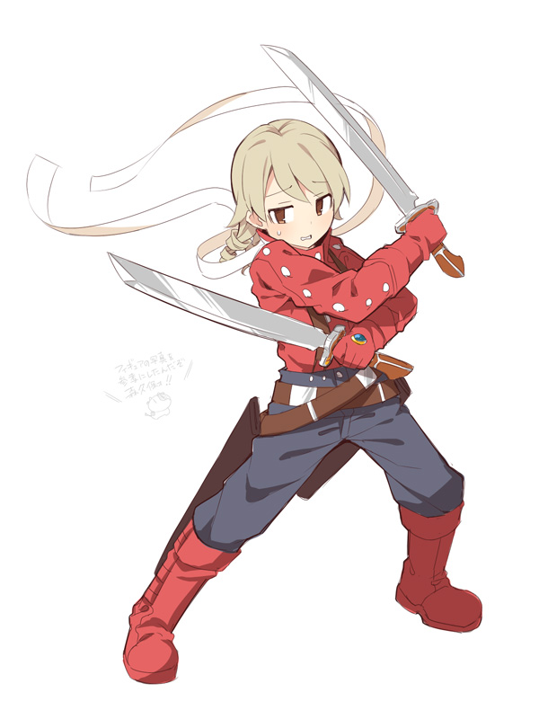 1girl, bad_id, bad_pixiv_id, belt, blonde_hair, boots, brown_eyes, commentary_request