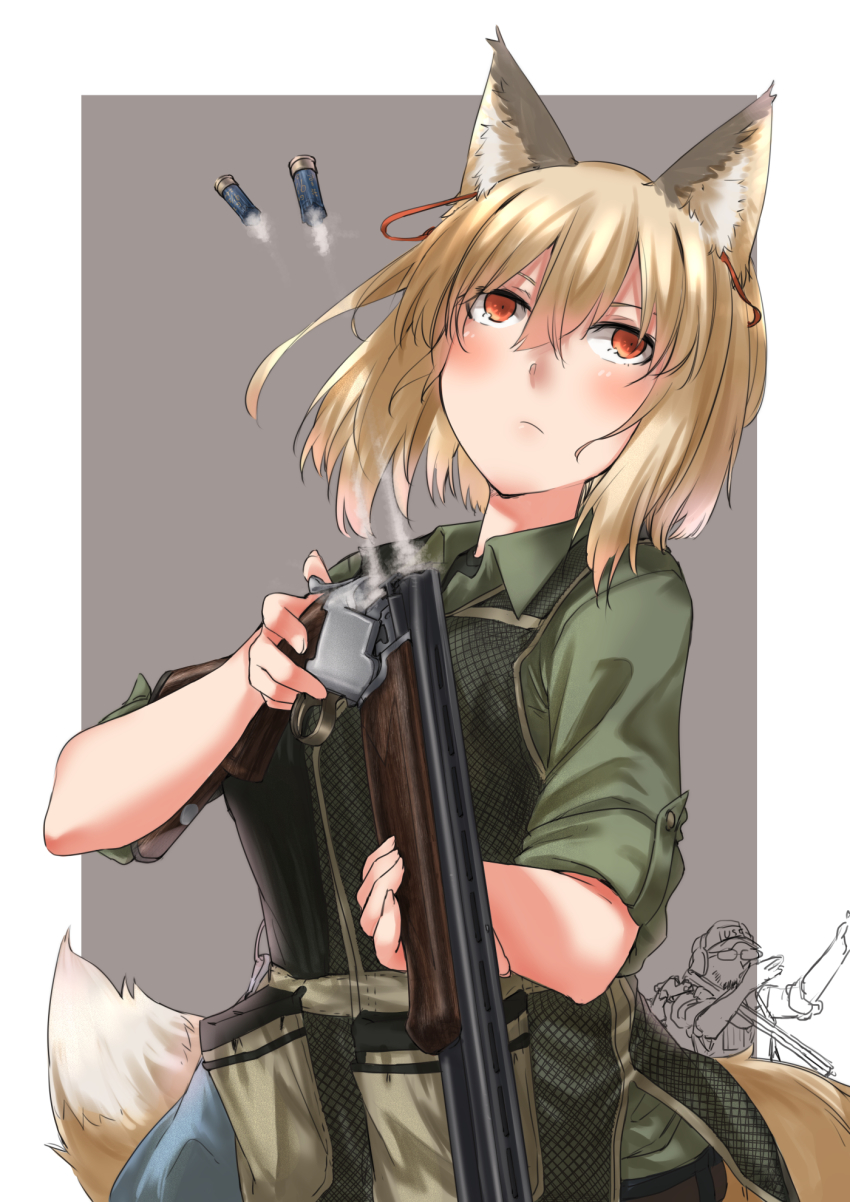 1boy, 1girl, action, ammunition, animal_ear_fluff, animal_ears, ayyh, blonde_hair