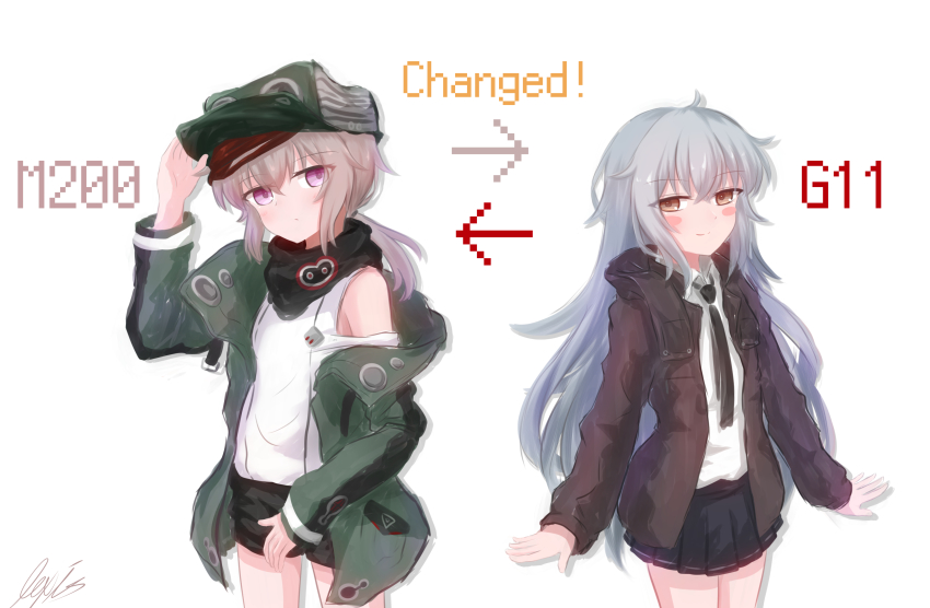 2girls, absurdres, arrow_(symbol), character_name, cosplay, costume_switch, english_text, g11_(girls'_frontline), g11_(girls'_frontline)_(cosplay), girls'_frontline, grey_hair, highres, jacket, lexis_yayoi, long_hair, m200_(girls'_frontline)_(cosplay), m200_(girls'_frontline), multiple_girls, necktie, ponytail, purple_eyes, scarf, shorts, skirt, white_hair