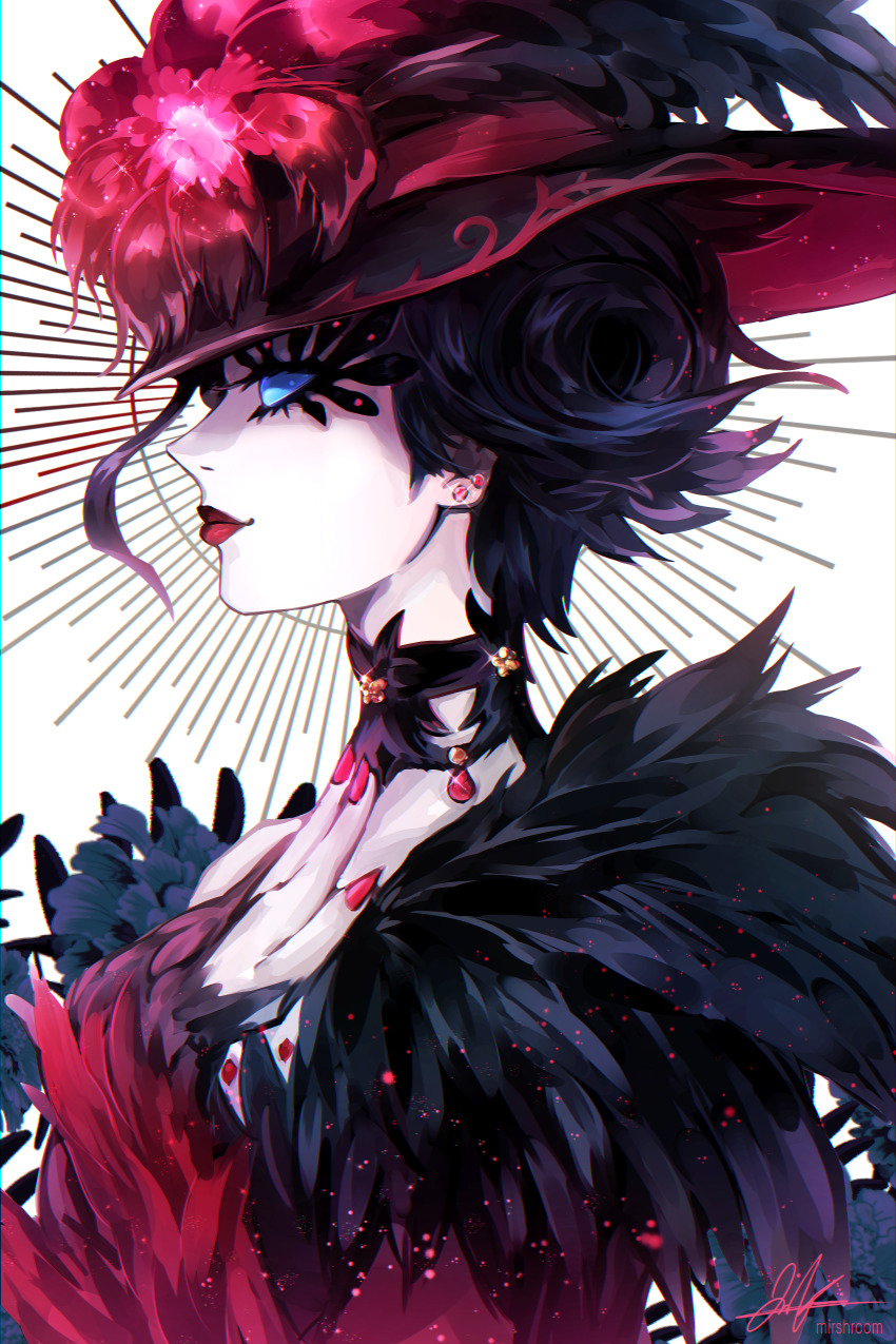 1girl, absurdres, black_dress, black_hair, black_hat, blue_eyes, breasts, cleavage, commentary, dress, english_commentary, eyelashes, feathers, flower, gem, hat, hat_flower, highres, hollow_eyes, huge_filesize, identity_v, jewelry, looking_to_the_side, mary_(identity_v), mary_(last_dance)_(identity_v), mirshroom, nail_polish, official_alternate_costume, profile, red_dress, red_flower, smile, solo, two-tone_dress