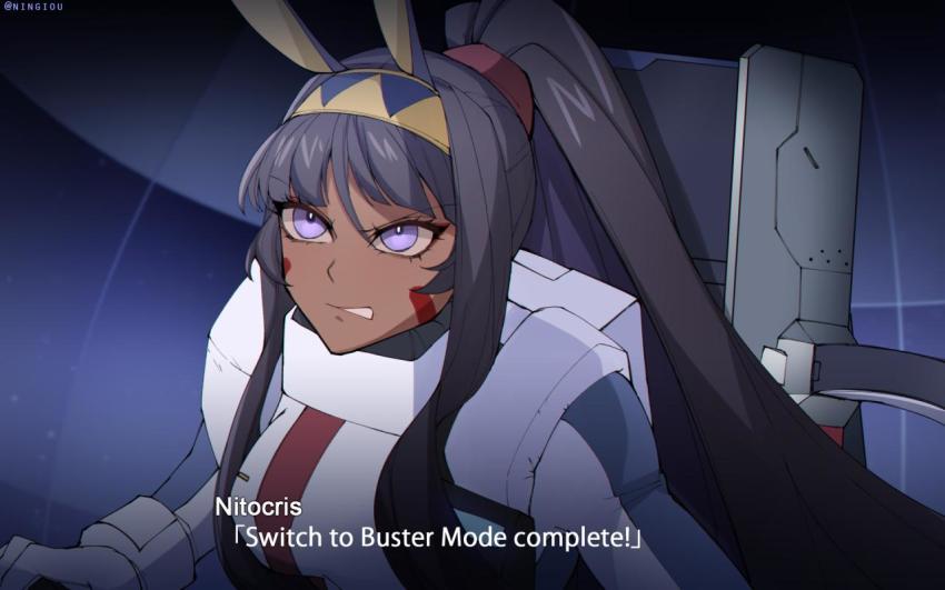 1girl, amuro_ray, amuro_ray_(cosplay), animal_ears, artist_name, black_hair, char's_counterattack, character_name, clenched_teeth, cockpit, commentary, cosplay, crossover, dark-skinned_female, dark_skin, derivative_work, english_commentary, english_text, fate/grand_order, fate_(series), gundam, hairband, jackal_ears, kyou_(iuciferic), long_hair, nitocris_(fate), pilot_suit, ponytail, purple_eyes, screenshot_redraw, solo, srw_battle_screen, super_robot_wars, teeth