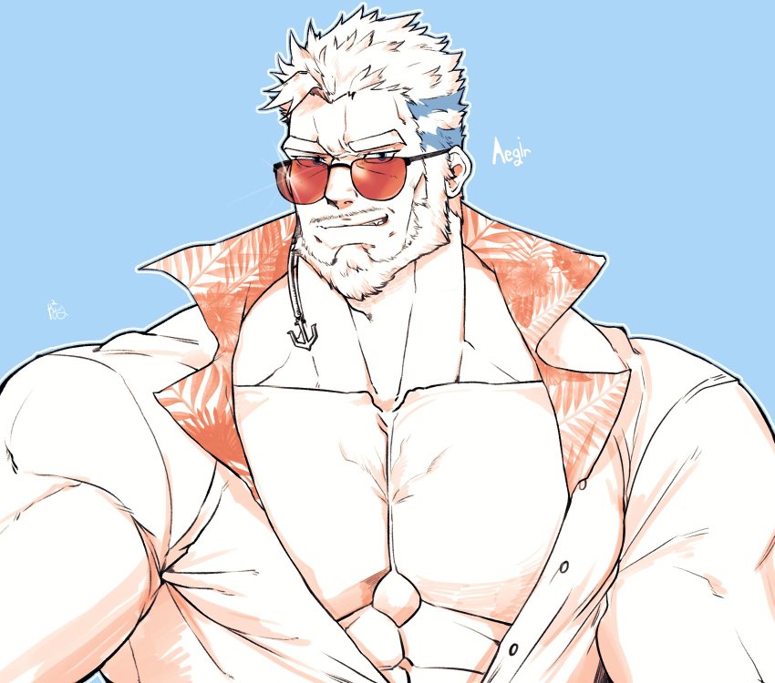 1boy, aegir_(housamo), bara, beard, blue_eyes, earrings, facial_hair, highres