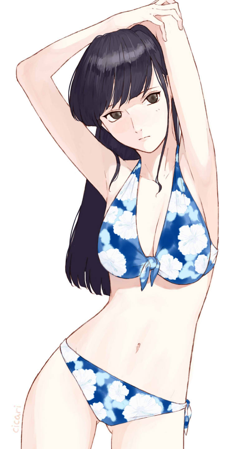 1girl, armpits, arms_up, artist_name, bikini, black_hair, breasts, brown_eyes, cicari, cleavage, closed_mouth, collarbone, commentary_request, cowboy_shot, flower_bikini, gluteal_fold, halterneck, highres, komi-san_wa_komyushou_desu, komi_shouko, long_hair, navel, side-tie_bikini_bottom, simple_background, solo, stretching, swimsuit, white_background