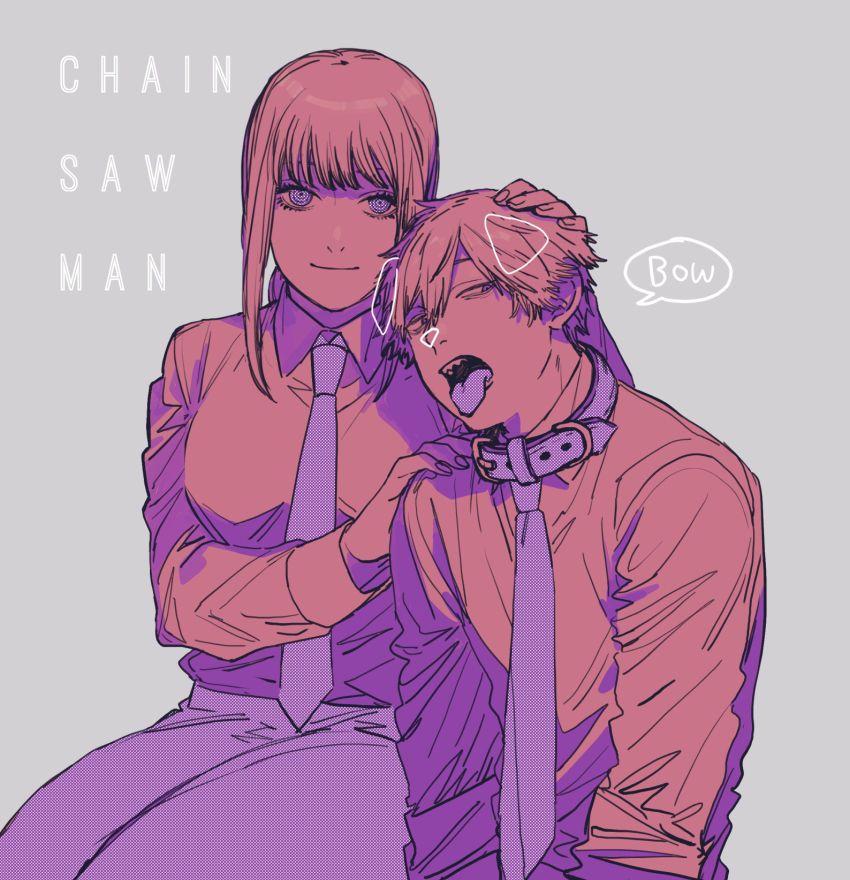 1boy, 1girl, animal_collar, black_necktie, black_pants, braid, braided_ponytail, breasts, business_suit, chainsaw_man, collar, collared_shirt, denji_(chainsaw_man), domination, femdom, formal_clothes, hair_between_eyes, hand_on_another's_head, hand_on_another's_shoulder, hetero, highres, kanikan_22, light_smile, long_hair, long_sleeves, looking_at_viewer, makima_(chainsaw_man), medium_breasts, necktie, pants, ringed_eyes, sharp_teeth, shirt, shirt_tucked_in, short_hair, sitting, slave, sleeves_pushed_up, sleeves_rolled_up, smile, suit, taking_picture, teeth, thick_thighs, thighs, tongue, tongue_out, white_shirt