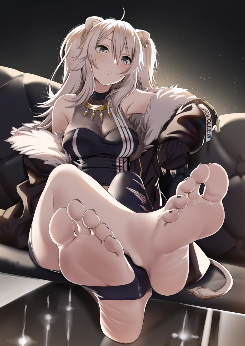 1girl, ahoge, animal_ears, bare_shoulders, barefoot, black_nails, black_pantyhose, blush