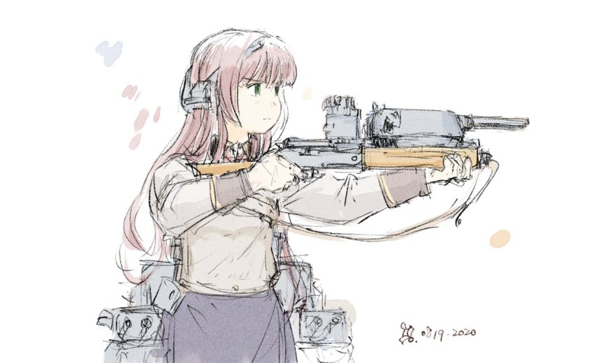 1girl, aiming, black_skirt, brown_hair, closed_mouth, dated, green_eyes, helena_(kancolle)