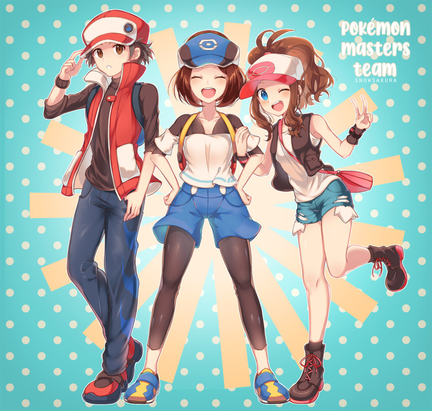 1boy, 2girls, aqua_shorts, backpack, bag, baseball_cap, bettie_(pokemon), blue_eyes