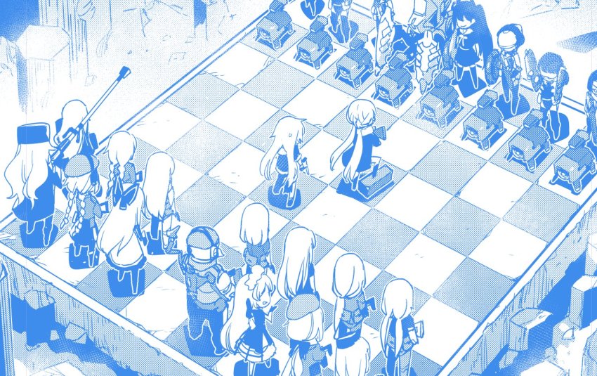 1boy, 6+girls, 6+others, 9a-91_(girls'_frontline), anti-materiel_rifle, assault_rifle, beret, black_serafuku, board_game, bolt_action, character_request, chess, chess_piece, chessboard, dinergate_(girls'_frontline), feodor_kamolovich_kamolov_(girls'_frontline), girls'_frontline, griffin_&amp;_kryuger_military_uniform, gun, handgun, hat, jaeger_(girls'_frontline), manticore_(girls'_frontline), miharu_(cgsky), multiple_girls, multiple_others, ots-12_(girls'_frontline), ots-14_(girls'_frontline), ouroboros_(girls'_frontline), ppk_(girls'_frontline), ptrd-41, ptrd_(girls'_frontline), rifle, ripper_(girls'_frontline), robot, sangvis_ferri, school_uniform, serafuku, sniper_rifle, tokarev_(girls'_frontline), vespid_(girls'_frontline), weapon