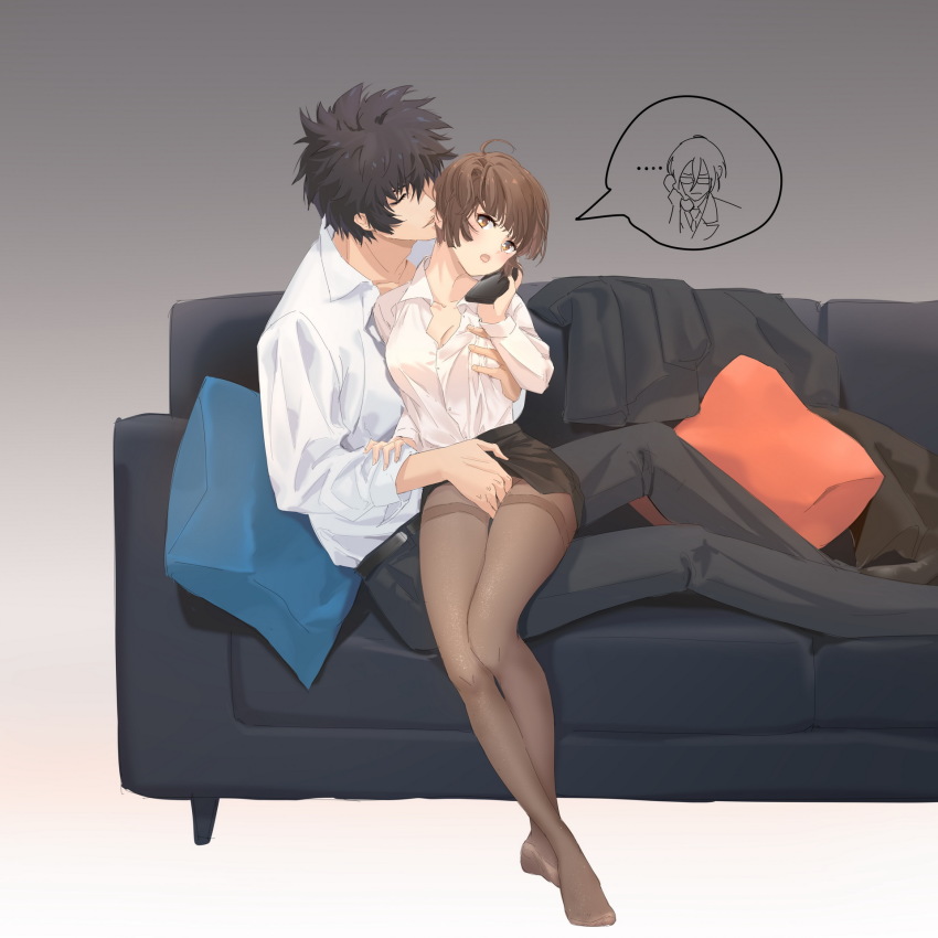 1boy, 1girl, black_hair, black_pants, black_skirt, bob_cut, breasts, brown_eyes, brown_hair, catcan, cellphone, cleavage, closed_eyes, clothes_lift, collarbone, collared_shirt, couple, dress_shirt, formal_clothes, full_body, girl_on_top, grabbing_another's_breast, groping, head_tilt, hetero, highres, holding, holding_phone, kougami_shin'ya, long_sleeves, manly, medium_breasts, miniskirt, open_mouth, pant_suit, pants, pantyhose, pencil_skirt, phone, psycho-pass, shirt, short_hair, side_slit, sitting, sitting_on_lap, sitting_on_person, skirt, skirt_lift, skirt_suit, smartphone, suit, thighband_pantyhose, tsunemori_akane, white_shirt, wing_collar