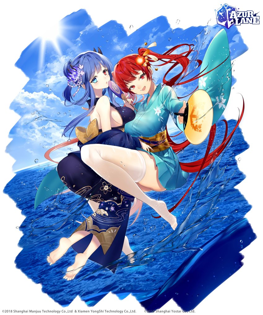 2girls, absurdres, alternate_costume, azur_lane, bare_shoulders, blue_eyes, blue_hair, blue_kimono, blush, breasts, floral_print, flower, hair_ornament, heterochromia, highres, holding, honolulu_(azur_lane), honolulu_(among_the_stalls)_(azur_lane), horns, ibuki_(azur_lane), ibuki_(winter_sylph's_reverie)_(azur_lane), japanese_clothes, kimono, large_breasts, long_hair, looking_at_viewer, multiple_girls, official_art, open_mouth, red_eyes, red_hair, sash, sidelocks, sogawa, thighhighs, twintails, very_long_hair, white_legwear, wide_sleeves, yukata
