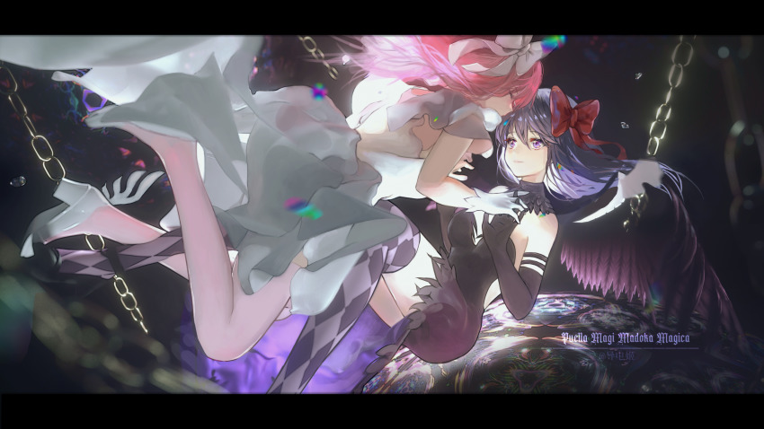 2girls, akemi_homura, akuma_homura, argyle_clothes, argyle_legwear, backless_dress, backless_outfit, black_hair