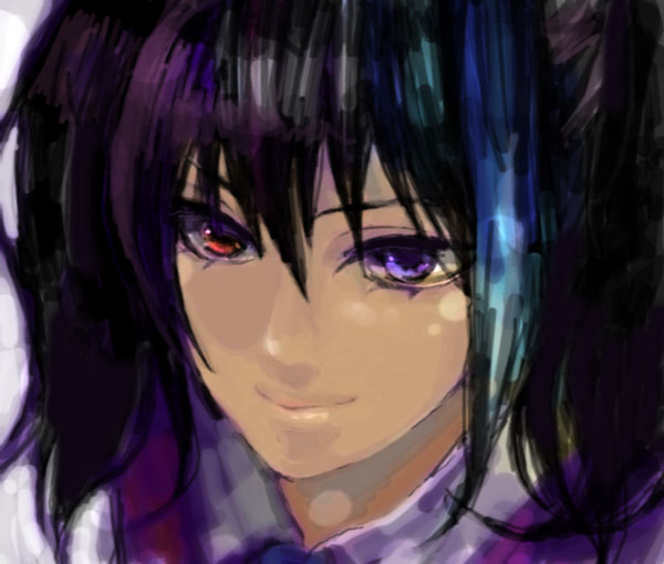 1girl, black_hair, blue_eyes, caracoro, close-up, female_focus, heterochromia, realistic