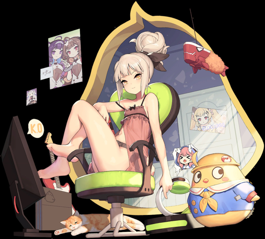 1girl, animal, ass, azur_lane, baby_animal, babydoll, bare_arms, bare_shoulders, barefoot, bird, cat, chair, chick, cosplay, eldridge_(azur_lane), eldridge_(kitty_idol)_(azur_lane), grey_panties, hair_bun, headphones, headphones_removed, highres, holding, k.o., kinjo_kuromomo, knees_up, long_hair, looking_at_viewer, manjuu_(azur_lane), monitor, mutsuki_(azur_lane), mutsuki_(azur_lane)_(cosplay), ning_hai_(azur_lane), ning_hai_(dragon_sisters!_-n)_(azur_lane), office_chair, official_alternate_costume, official_art, panties, ping_hai_(azur_lane), ping_hai_(dragon_sisters!_-p)_(azur_lane), poster_(object), ryuujou_(azur_lane), ryuujou_(slacking_samurai)_(azur_lane), silver_hair, single_hair_bun, sitting, slit_pupils, smile, solo, spaghetti_strap, speech_bubble, strap_slip, swivel_chair, thighs, transparent_background, u-96_(azur_lane), u-96_(secret_gaming_session)_(azur_lane), underwear, underwear_only, yellow_eyes, z46_(azur_lane)