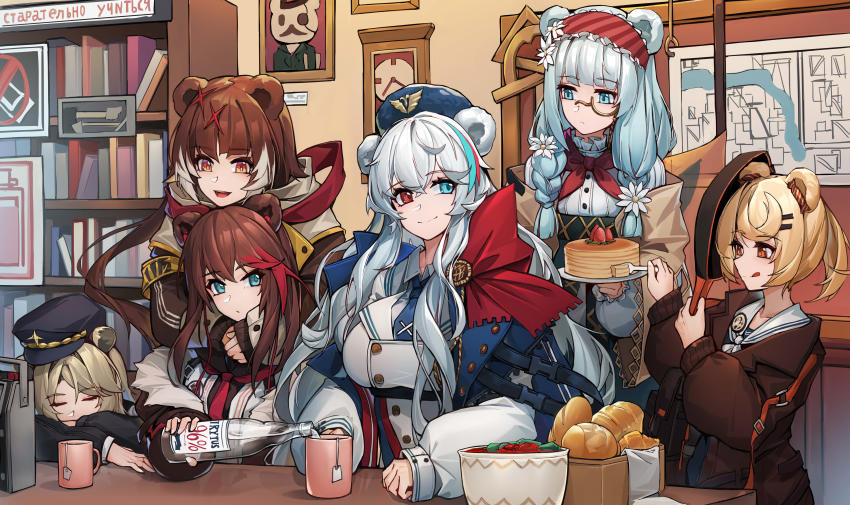 6+girls, :d, :q, absinthe_(arknights), absurdres, alternate_costume, animal_ears, arknights