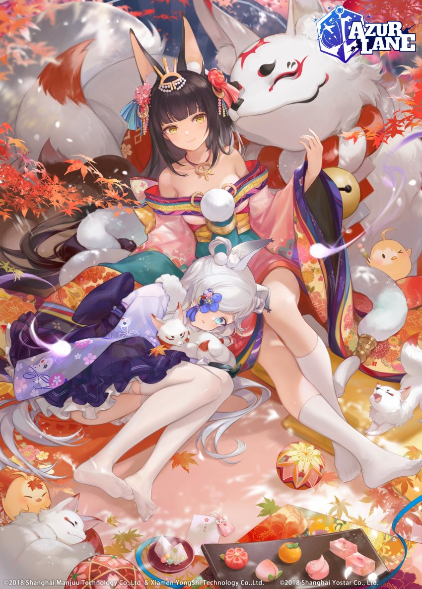 2girls, absurdres, animal, animal_ear_fluff, animal_ears, autumn_leaves, azur_lane, bare_shoulders