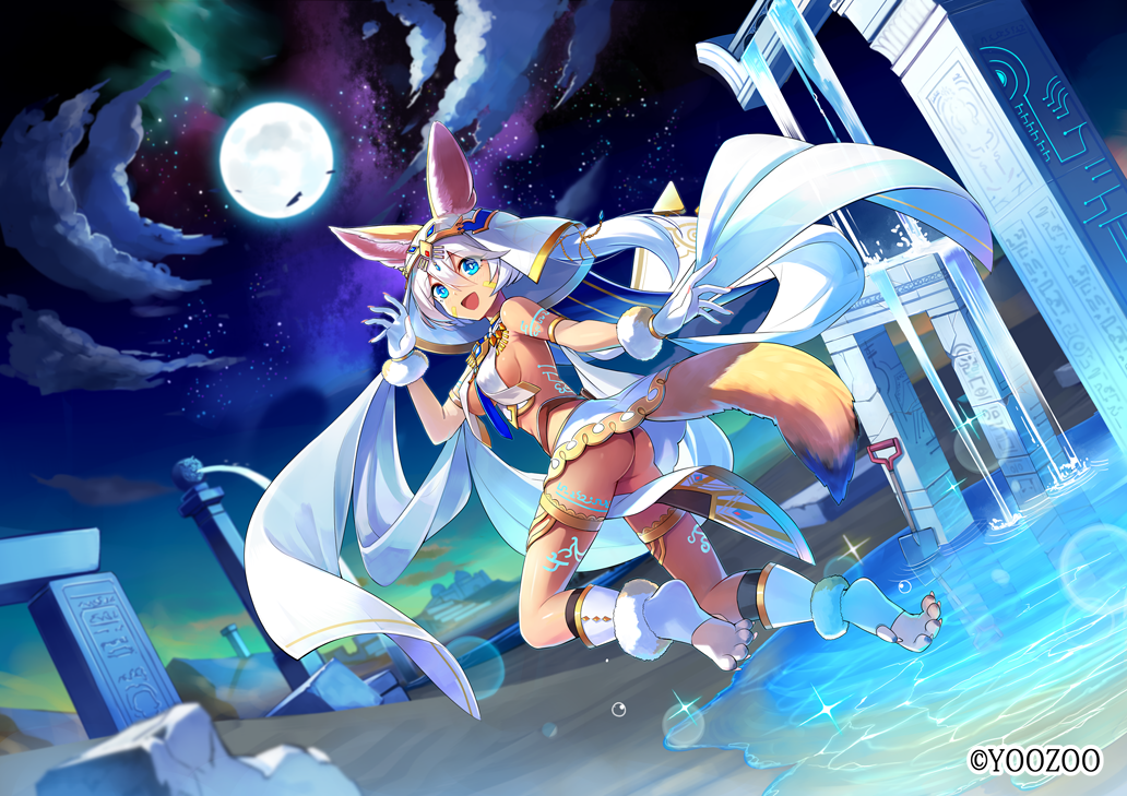 1girl, :d, animal_ears, anklet, ass, bare_shoulders, blue_eyes, breasts, choker, cloud, dutch_angle, emerane, fina_(pride_of_eden), fox_ears, fox_girl, fox_tail, full_moon, gloves, hair_between_eyes, jewelry, looking_at_viewer, looking_back, medium_breasts, microskirt, moon, night, official_art, open_mouth, outdoors, paw_shoes, pelvic_curtain, red:_pride_of_eden, revealing_clothes, ruins, shawl, shoes, short_hair, shovel, skirt, sky, smile, solo, star_(sky), tail, tattoo, thighs, veil, water, white_gloves, white_hair, white_skirt