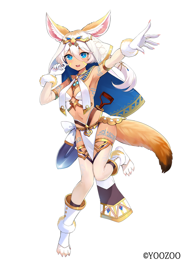 1girl, animal_ears, arm_up, armpits, blue_eyes, choker, collar, emerane, fina_(pride_of_eden), fox_ears, fox_girl, fox_tail, full_body, gloves, gold_trim, hand_up, leg_up, looking_at_viewer, midriff, navel, official_art, open_mouth, outstretched_arm, paw_shoes, pelvic_curtain, red:_pride_of_eden, revealing_clothes, shoes, short_hair, simple_background, smile, solo, stomach, tail, tattoo, thighhighs, thighs, veil, white_background, white_gloves, white_hair, white_thighhighs