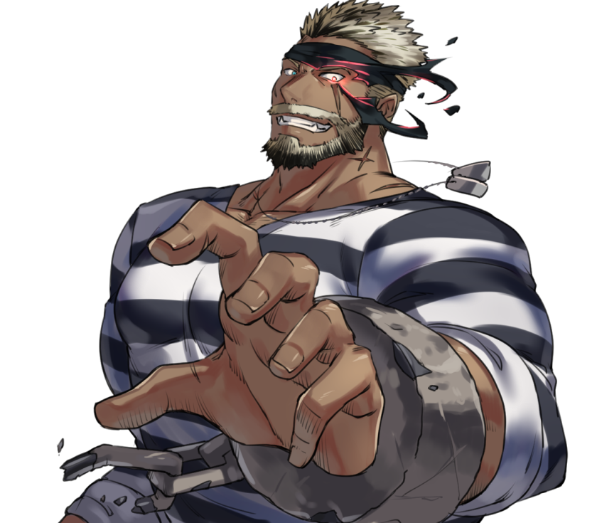 1boy, asutarou, balor_(housamo), bara, beard, black_hair, blue_eyes, cuffs