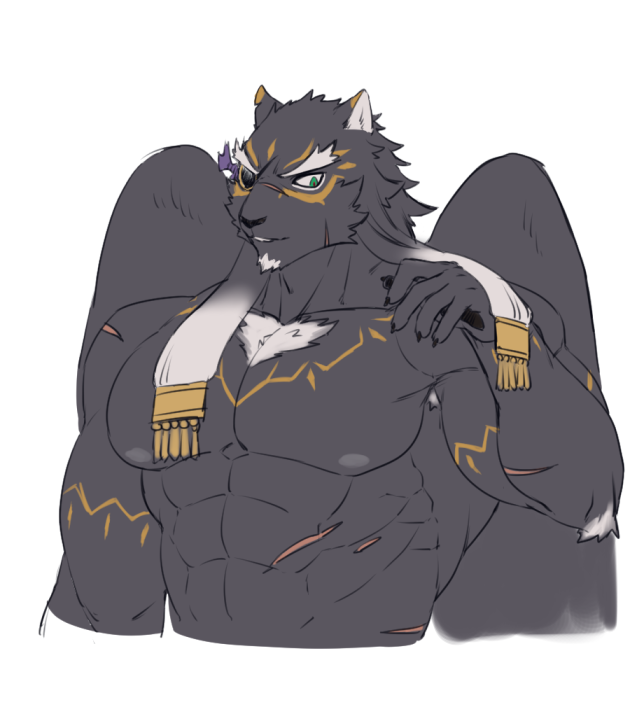 1boy, animal_ears, asutarou, bara, facial_hair, feathered_wings, furry, furry_male