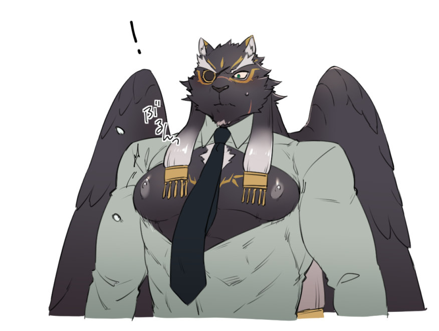 1boy, animal_ears, asutarou, bara, bursting_pectorals, facial_hair, feathered_wings, furry