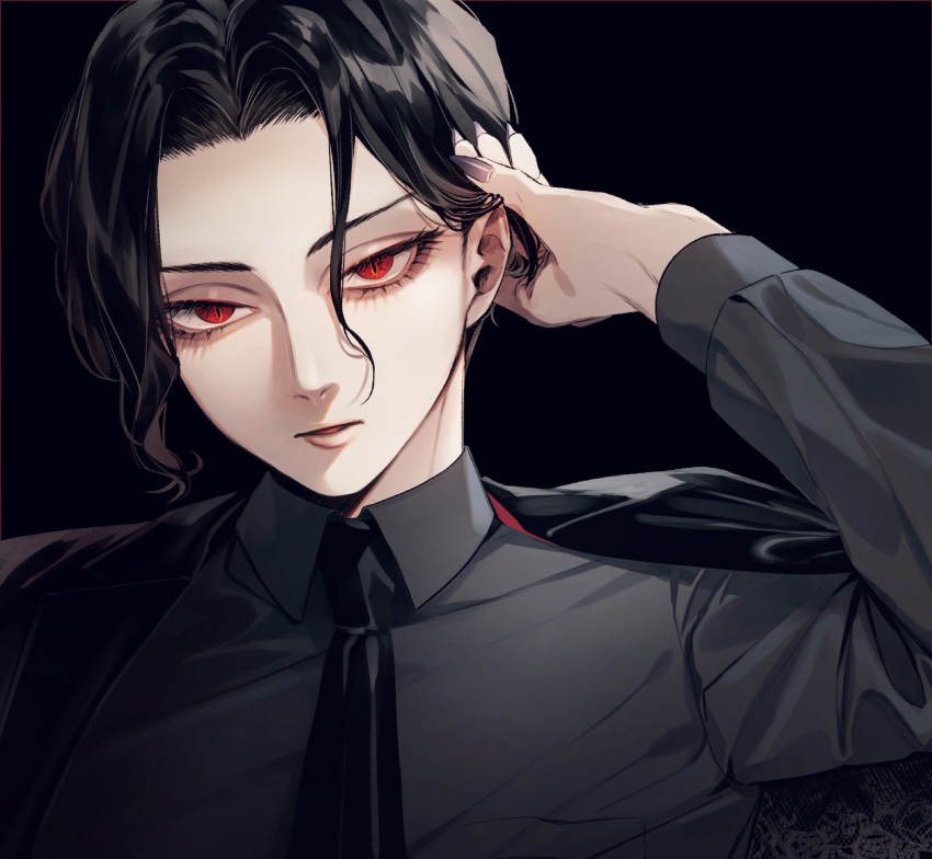 1boy, black_background, black_hair, black_suit, closed_mouth, fingernails, glaring, hand_to_head, highres, kibutsuji_muzan, kimetsu_no_yaiba, long_hair, looking_at_viewer, male_focus, necktie, red_eyes, shirt, simple_background, sitting, slit_pupils, solo, suit, yamada_chickenko