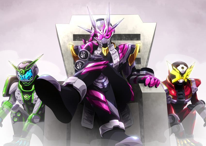 3boys, absurdres, armor, belt, black_gloves, bodysuit, crossed_legs, gauntlets, gloves, helmet, highres, kamen_rider, kamen_rider_geiz, kamen_rider_woz, kamen_rider_zi-o, kamen_rider_zi-o_(series), kamen_rider_zi-o_ii, kneeling, looking_at_viewer, male_focus, mask, multiple_boys, on_throne, otokamu, rider_belt, silver_trim, sitting, throne, ziku_driver