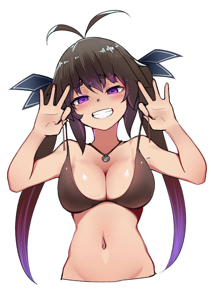 1girl, alternate_eye_color, antenna_hair, bare_shoulders, bikini, bikini_top_only, black_bikini, blush