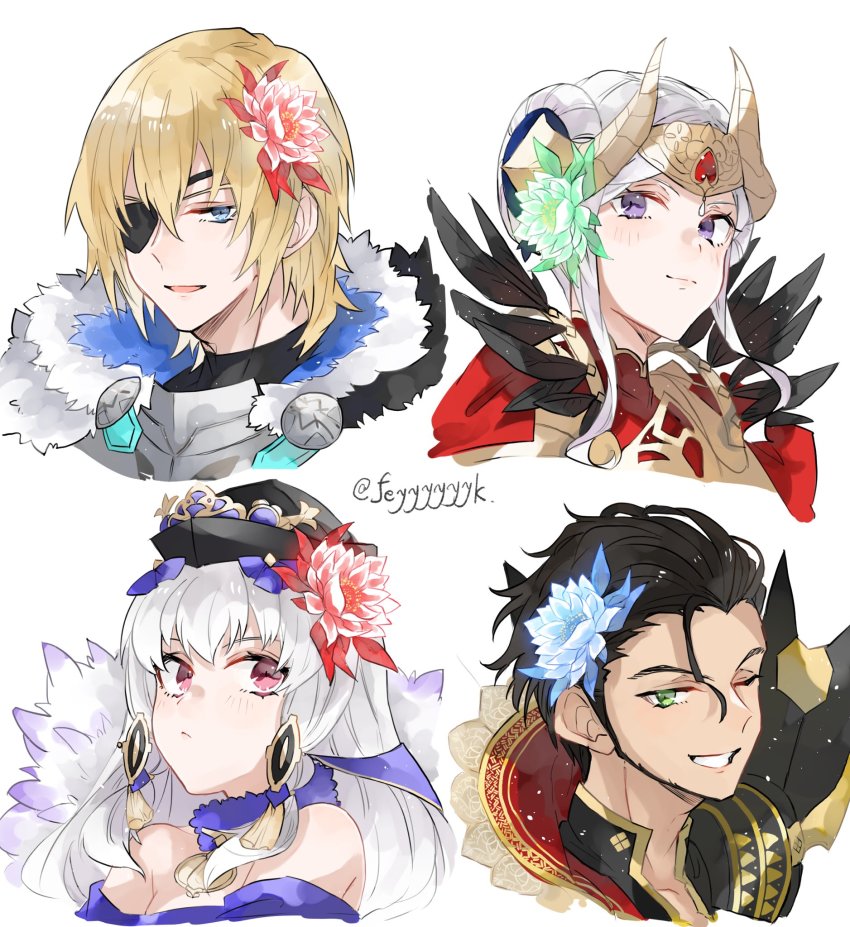 2boys, 2girls, bad_id, bad_twitter_id, blonde_hair, blue_eyes, brown_hair, claude_von_riegan, claude_von_riegan_(almyra's_king), claude_von_riegan_(timeskip), closed_mouth, dimitri_alexandre_blaiddyd, dimitri_alexandre_blaiddyd_(king_of_faerghus), dimitri_alexandre_blaiddyd_(timeskip), edelgard_von_hresvelg, edelgard_von_hresvelg_(adrestian_emperor), edelgard_von_hresvelg_(timeskip), eyepatch, fake_horns, feyyyyyyk, fire_emblem, fire_emblem:_three_houses, fire_emblem_heroes, flower, fur_trim, green_eyes, green_flower, grin, hair_flower, hair_ornament, hat, headpiece, highres, horns, long_hair, lysithea_von_ordelia, lysithea_von_ordelia_(earnest_seeker), multiple_boys, multiple_girls, nintendo, one_eye_closed, parted_lips, pink_eyes, purple_eyes, short_hair, simple_background, smile, twitter_username, white_background, white_hair