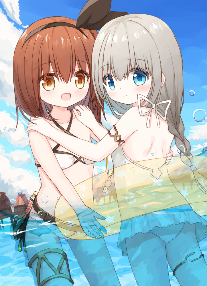 2girls, :d, ass, bare_arms, bare_shoulders, bikini, black_hairband, black_ribbon