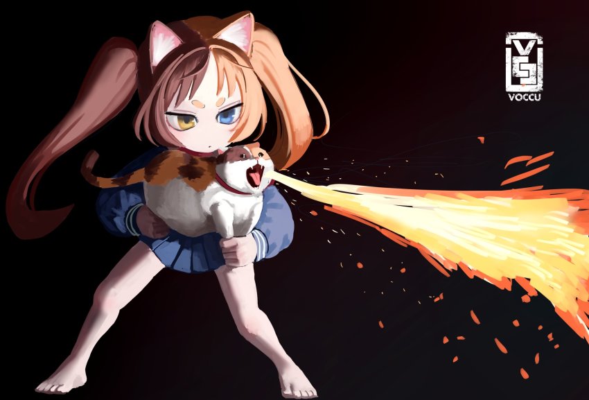 1girl, animal, animal_ears, artist_logo, barefoot, black_background, blue_eyes, blue_shirt, blue_skirt, brown_hair, calico_(pattern), cat, cat_ears, cat_girl, closed_mouth, commentary, fire, flamethrower, heterochromia, highres, holding, holding_animal, inuko_(voccu), laser_cats_(meme), light_brown_hair, light_frown, logo, long_hair, long_sleeves, looking_to_the_side, meme, miniskirt, multicolored_hair, original, pleated_skirt, shirt, skirt, solo, standing, twintails, two-tone_hair, voc, weapon, what, yellow_eyes