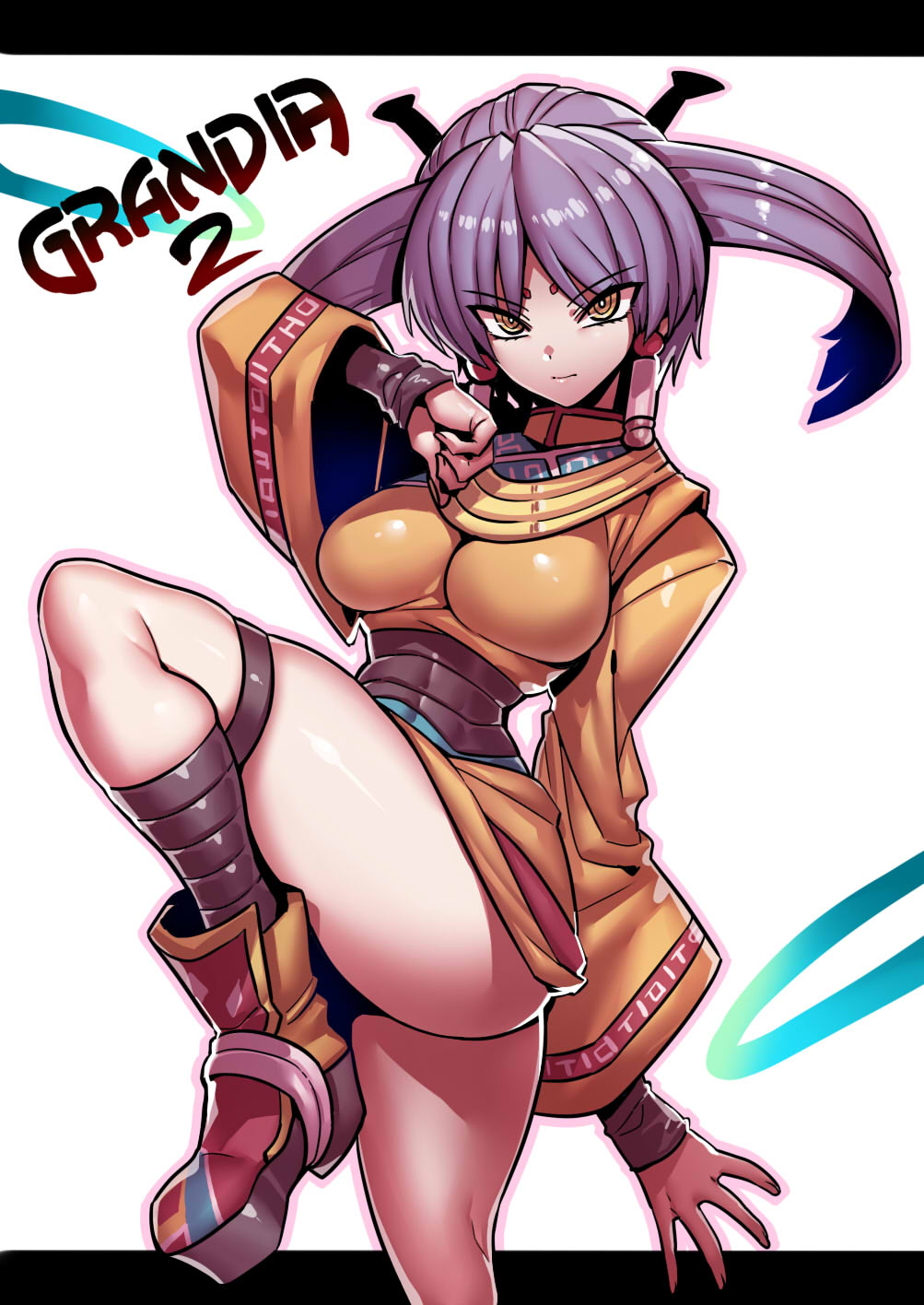 1girl, ass, blue_hair, breasts, closed_mouth, earrings, facial_mark, grandia, grandia_ii, highres, jewelry, large_breasts, long_hair, looking_at_viewer, solo, tio_(grandia), tukiwani, yellow_eyes