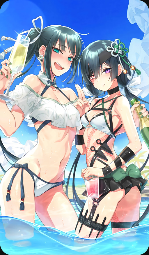 2girls, :d, @_@, alcohol, alternate_hairstyle, aqua_eyes, back_bow, bikini