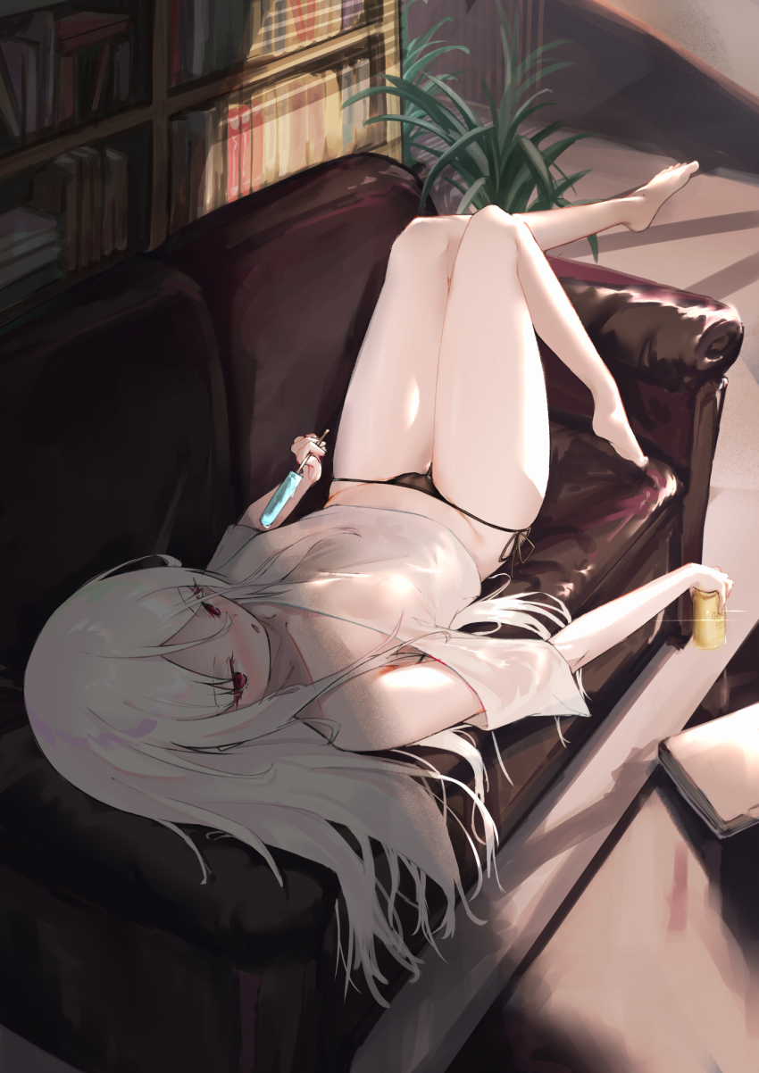 0shino, 1girl, bare_shoulders, barefoot, black_panties, bookshelf, couch, crop_top