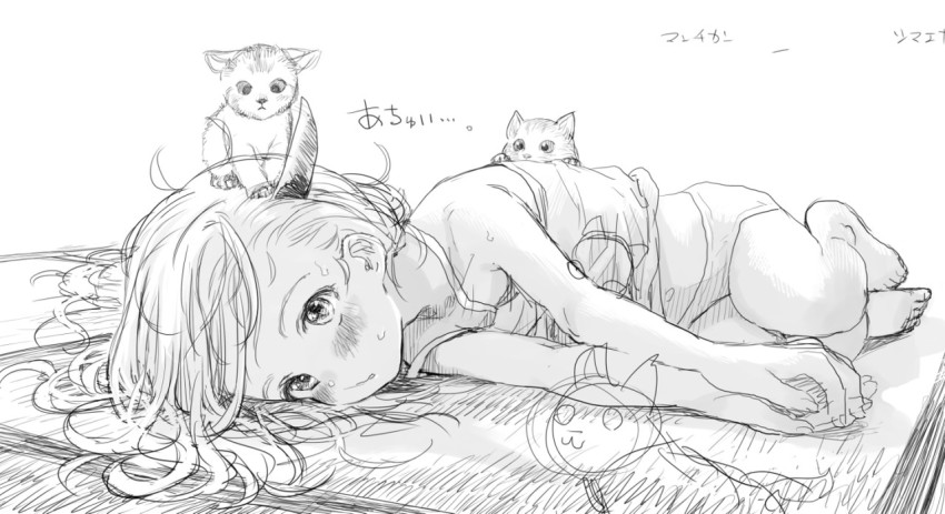 1girl, baby_animal, bare_shoulders, barefoot, bosako_(haguhagu), camisole, cat, greyscale