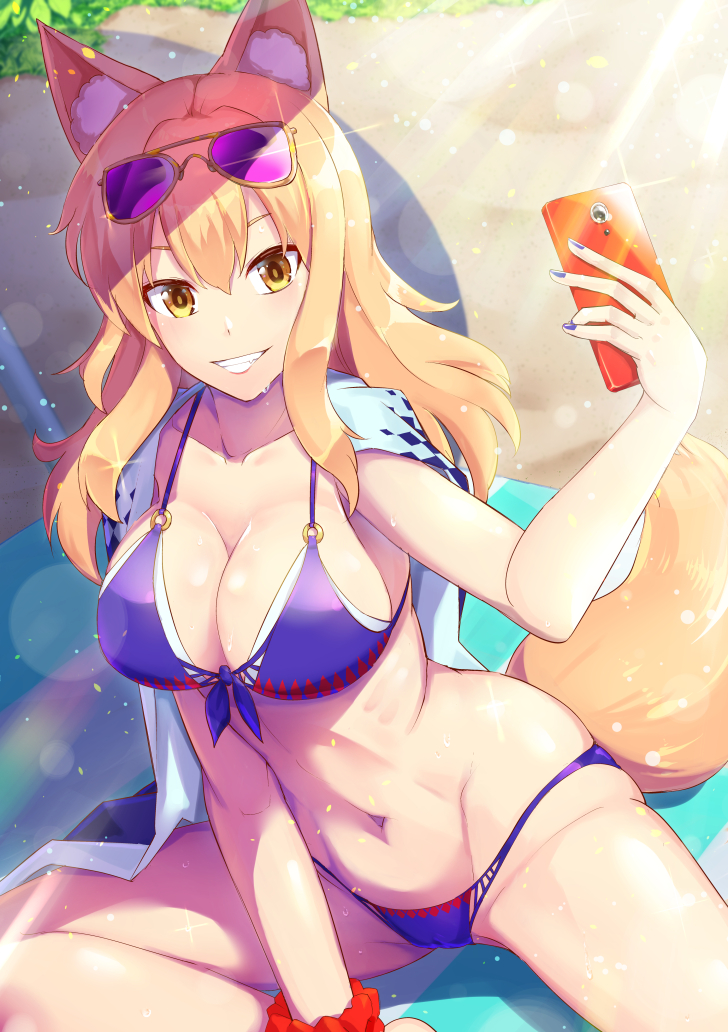 1girl, animal_ears, bikini, blonde_hair, breasts, cameltoe, cellphone, cleavage