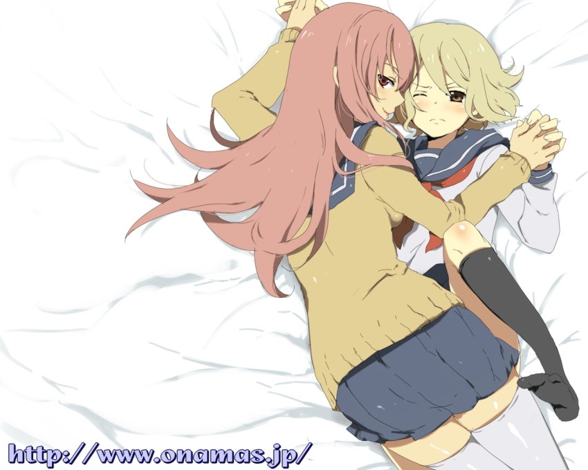 2girls, bed, black_legwear, blonde_hair, blush, brown_eyes, holding_hands, interlocked_fingers