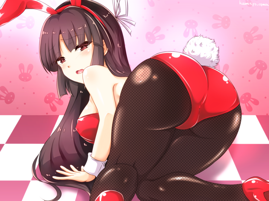 1girl, all_fours, animal_ears, ass, black_hair, detached_collar, fake_animal_ears, fake_tail, fishnet_pantyhose, fishnets, hair_ribbon, high_heels, hime_cut, hiyou_(kancolle), kantai_collection, kumichou_(nakasato-gumi), leotard, long_hair, pantyhose, playboy_bunny, rabbit_ears, rabbit_tail, red_leotard, ribbon, solo, strapless, strapless_leotard, tail, white_ribbon, wrist_cuffs