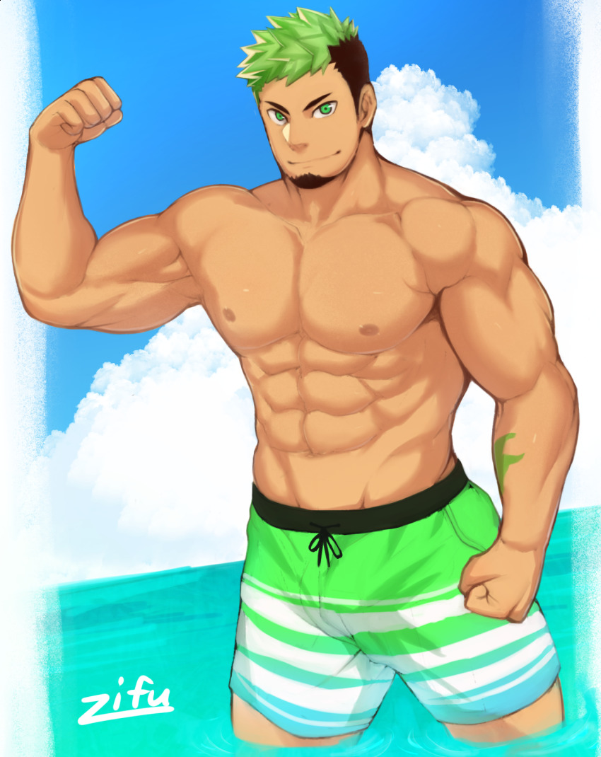 1boy, abs, aqua_male_swimwear, aqua_swim_trunks, bara, black_hair, bulge, facial_hair