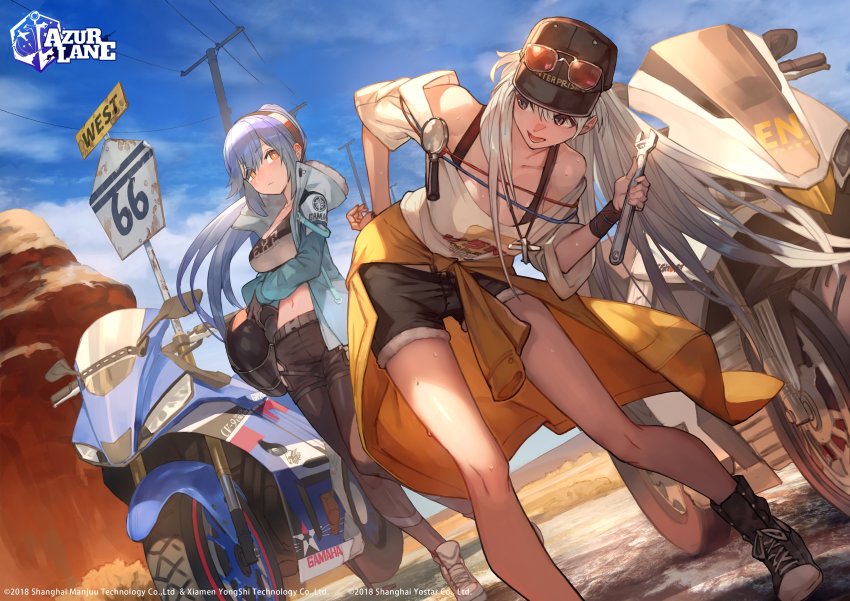2girls, absurdres, alternate_costume, azur_lane, bare_shoulders, baseball_cap, black_gloves, blue_hair