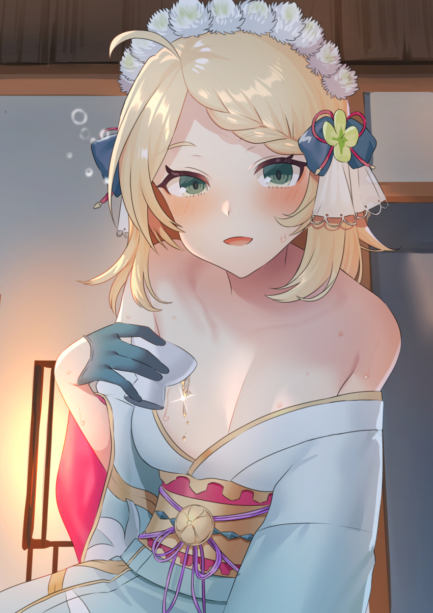 1girl, ahoge, akagi_kurage, blue_gloves, blush, braid, braided_bangs, breasts, cleavage, cup, drunk, fermi_(sennen_sensou_aigis), gloves, green_eyes, hair_ornament, highres, holding, holding_cup, indoors, japanese_clothes, kimono, medium_breasts, obi, off_shoulder, pouring, pouring_onto_self, sash, sennen_sensou_aigis, solo, squeans, sweat, upper_body