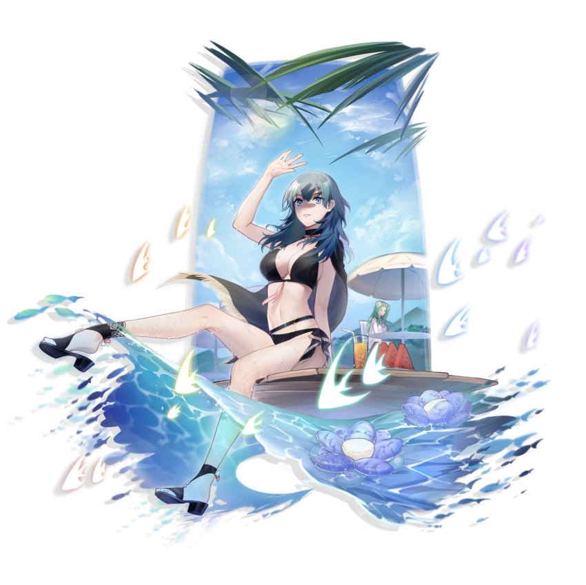 2girls, bikini, black_bikini, blue_eyes, blue_hair, breasts, chair, cleavage