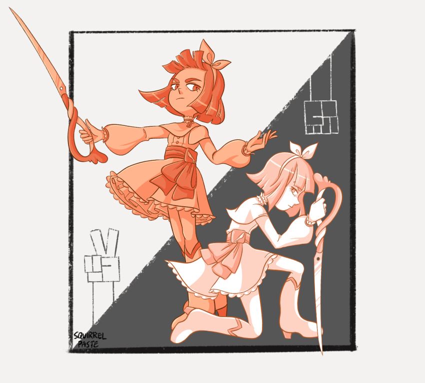 1girl, artist_name, boots, bow, cassidy_(sleepless_domain), colored_skin, flash_cut, hair_bow, highres, holding, holding_weapon, knee_boots, kneeling, long_sleeves, on_one_knee, orange_eyes, orange_skin, puffy_long_sleeves, puffy_sleeves, red_bow, red_eyes, short_hair, simple_background, skirt, sleepless_domain, squirrelpaste, standing, two-tone_background, weapon, white_skin, white_skirt