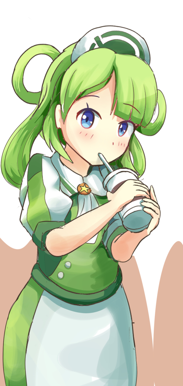 1girl, blue_eyes, blush, cup, disposable_cup, drinking, drinking_straw, green_hair, hair_rings, hat, highres, holding, holding_cup, kagotome, long_hair, looking_at_viewer, nintendo, nurse_cap, pokemon, pokemon_masters_ex, short_sleeves, simple_background, solo, standing, trinnia_(pokemon), upper_body