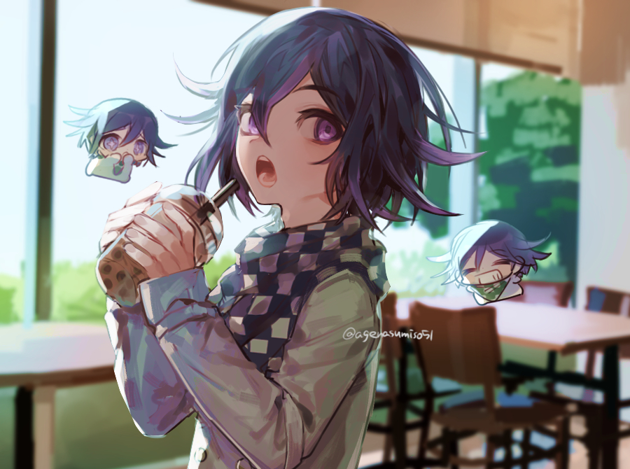 1boy, agenasumiso51, blurry, blurry_background, bubble_tea, chair, checkered_clothes, checkered_scarf