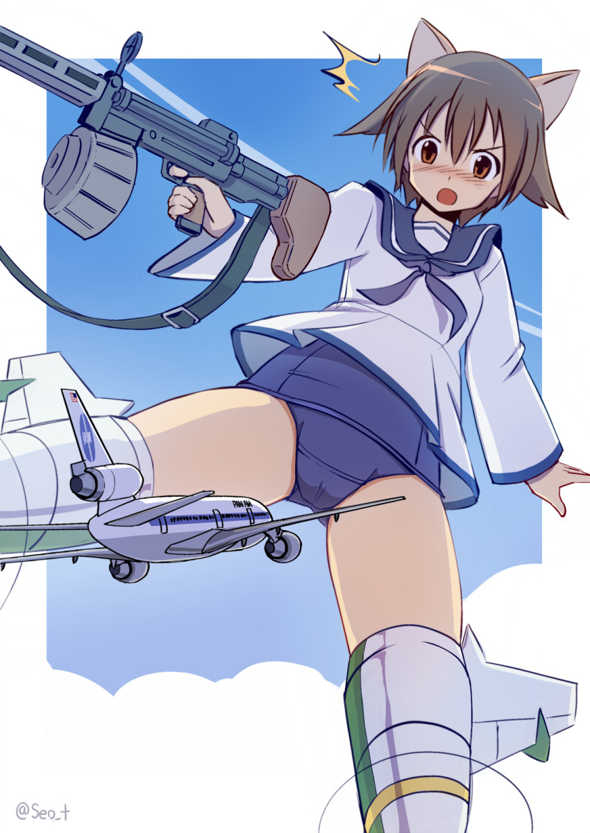 1girl, aircraft, airplane, animal_ears, blush, brown_eyes, brown_hair, douglas_dc-10, embarrassed, giant, giantess, highres, jet_airliner, miyafuji_yoshika, nose_blush, open_mouth, pan_american_world_airways, sailor, school_swimsuit, seo_tatsuya, short_hair, solo, strike_witches, striker_unit, surprised, swimsuit, twitter, type_99_cannon, world_witches_series