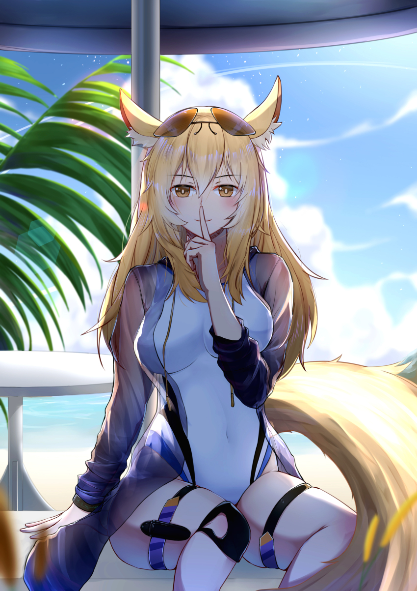 1girl, absurdres, alternate_hairstyle, animal_ear_fluff, animal_ears, arknights, as_yinshimao, blonde_hair, blue_sky, blush, brown_eyes, cloud, commentary, competition_swimsuit, covered_navel, day, eyewear_on_head, feet_out_of_frame, hair_between_eyes, hair_down, hand_up, highres, horse_girl, index_finger_raised, knee_pads, large_tail, long_hair, long_sleeves, looking_at_viewer, nearl_(arknights), nearl_(shimmering_dew)_(arknights), official_alternate_costume, one-piece_swimsuit, sitting, sky, smile, solo, sunglasses, swimsuit, swimsuit_cover-up, tail, thigh_strap, thighs, white_one-piece_swimsuit