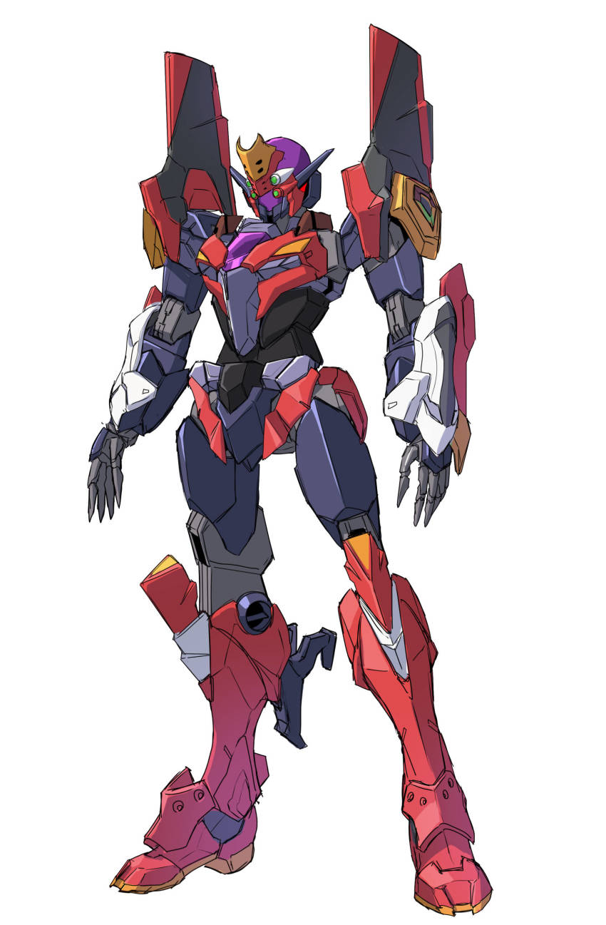 absurdres, alus_core_gundam, crossover, eva_02, extra_eyes, fusion, green_eyes, gundam, gundam_build_divers, gundam_build_divers_re:rise, highres, joints, mecha, neon_genesis_evangelion, no_humans, open_hands, robot, robot_joints, solo, standing, sukekiyo56, white_background